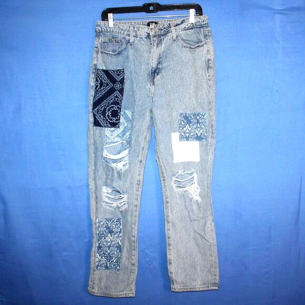 Simple Society Bandana Patchwork Distressed Jeans Blue 11/30